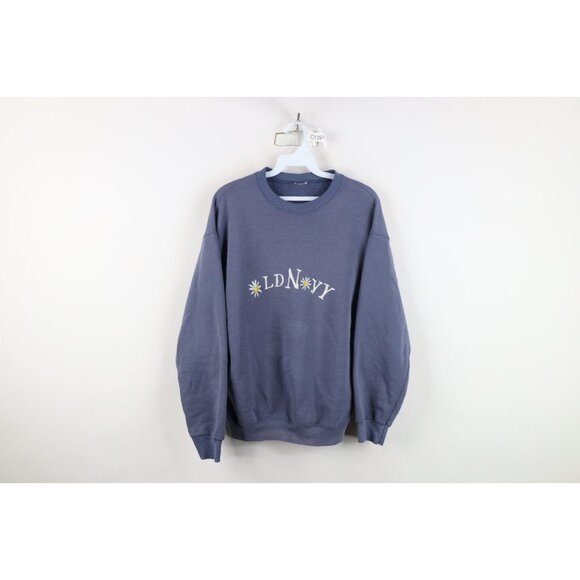 Vintage 90s Old Navy Womens Large Distressed Spell Out Flower Sweatshirt Blue - Picture 1 of 15